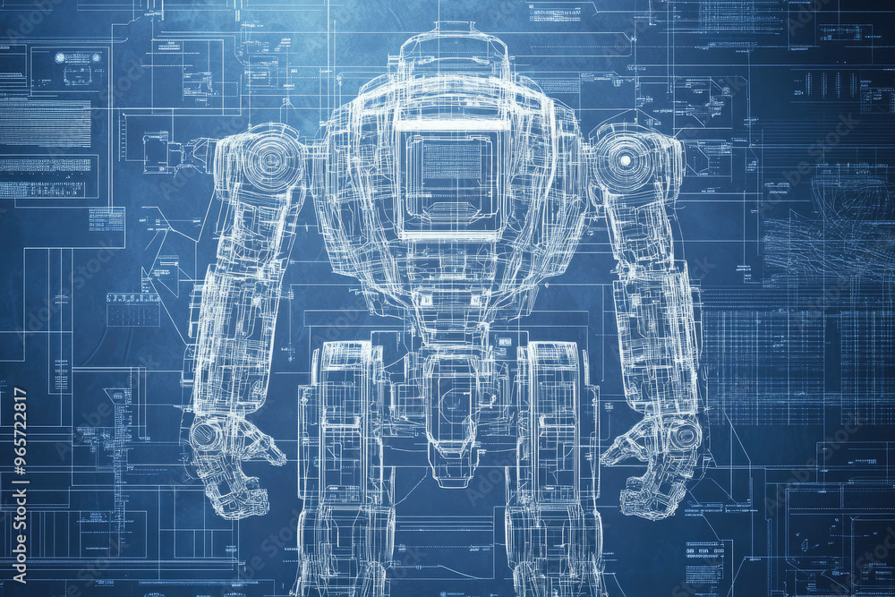 Poster a drawing of a robot filled with software code, indicating advanced technological development.