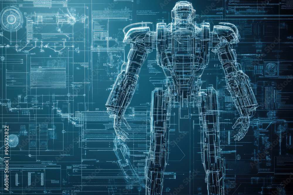 Poster a drawing of a robot filled with software code, indicating advanced technological development.