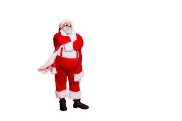 Full length photo of minded fat overweight santa claus bad guy with his hands crossed big abdomen...
