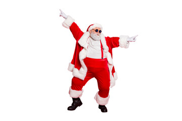 Full body photo of funky fat santa claus with big funny abdomen dancing raising arms wearing style stylish trendy eyewear eyeglasses isolated over red background