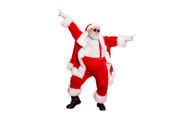 Full body photo of funky fat santa claus with big funny abdomen dancing raising arms wearing style stylish trendy eyewear eyeglasses isolated over red background