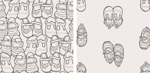 Seamless patterns of contour hand drawings various shoes for little children, vector background,paper,wallpaper