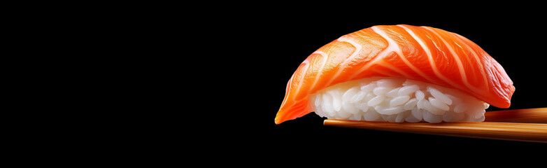 Extreme close-up of a Salmon Nigiri (Sake Nigiri) held with bamboo chopsticks, isolated on black background. Eating sushi at restaurant, Japanese cuisine with rice and raw fish. Generative Ai.