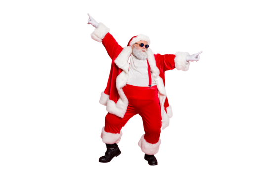 Full body photo of funky fat santa claus with big funny abdomen dancing raising arms wearing style stylish trendy eyewear eyeglasses isolated over red background