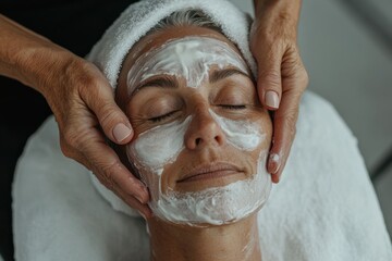 The image highlights hands delicately adjusting a towel on a person's head, preparing them for a refreshing facial treatment in a serene and luxurious spa environment.