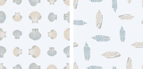 Seamless patterns of decorative seashells silhouettes, vector backgrounds, wallpaper,paper, textile