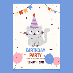 Birthday party invitation with doodle grey cat character