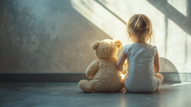 Naklejki Child sitting with teddy bear in sunlight against a wall. Autism concept