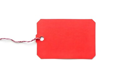 A blank red gift label isolated on a white background with room for your message or copy space