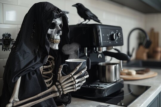 A skeleton enjoying a hot beverage in a cozy kitchen next to a coffee machine and a crow perched on top