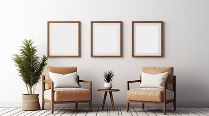 room with three empty frames, two tan armchairs