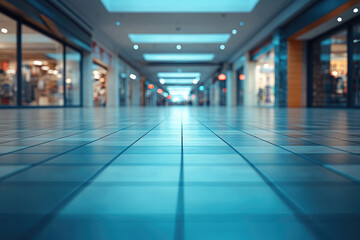 Empty corridor with blue tiled floor in perspective, modern shopping mall interior with blurred people silhouettes in the background