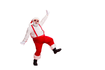 Full length photo of fat overweight santa claus with big funny belly abdomen have eyeglasses dancing wearing trousers pants boots isolated over red background