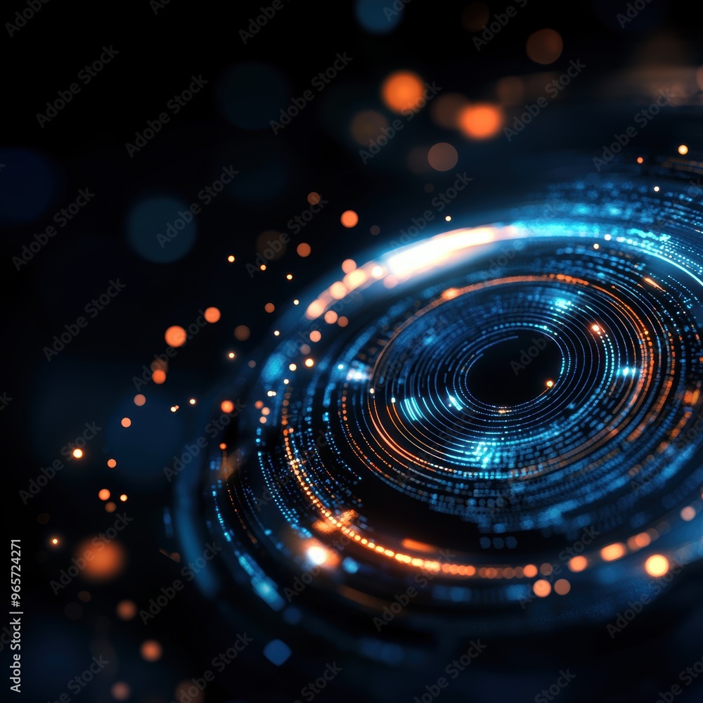 Aufkleber an abstract background featuring glowing circles and sparkling particles, ideal for technology and f