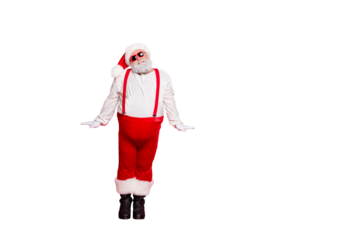 Full length body photo of cheerful nice glad charming carefree in sunglass trousers standing straight hands near waist grandfather isolated bright background copy empty space