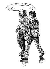 Sketch of casual couple city girls under umbrella walking in rain together, vector hand drawn illustration isolated on white