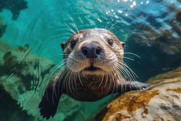 Fototapeta premium Otter looking up at camera wildlife animal mammal.