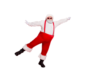 Full length photo of fat overweight hipster santa claus with big funny belly hold hand catch sleighs parasol wearing eyeglasses trousers pants isolated over red background