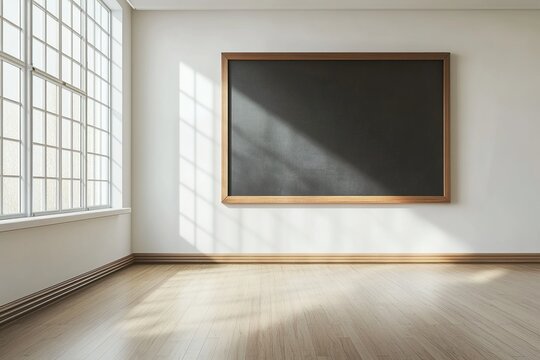 Fototapeta Bright modern room with a large blackboard and sunlight casting long shadows from a window