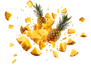 Falling Pineapple slices isolated on Transparent background, full depth of field, lipping path,pineapple in full depth of field, Falling candied fruit, Cut pineapple on transparent background, ring,Ai