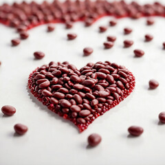 Beans are sprinkled on a white background in the shape of a heart