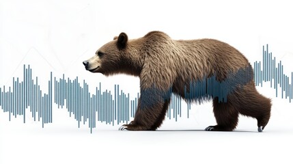 Bear in a black suit with downtrend charts, representing trading volatility and the concept of a recession in stock market analysis