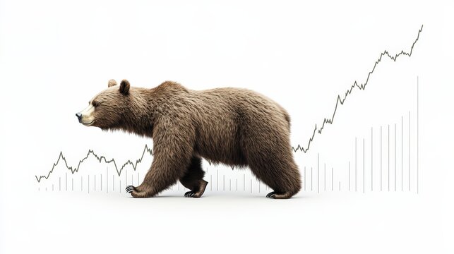 Bear in a black suit with downtrend charts, representing trading volatility and the concept of a recession in stock market analysis - Powered by Adobe