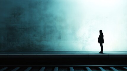 Fototapeta premium Silhouette_of_a_person_standing_on_a trainstation by sunset