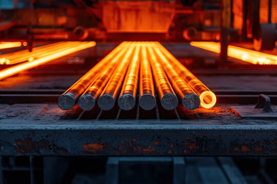 Aluminum extrusion factory producing rods, showcasing the industry with glowing metal, intense heat, and machinery