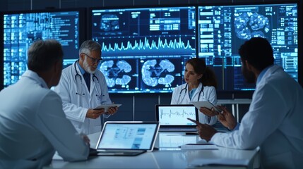 Medical team having a meeting in a modern hospital meeting room with high tech equipment