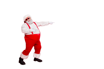 Full body photo of comic bully fat overweight santa claus with funny big belly point at loser laugh wear overalls suspenders have stylish trendy style eyewear isolated over red background