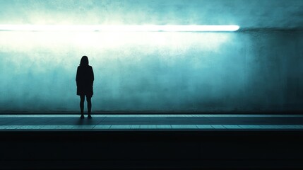 Obraz premium Silhouette_of_a_person_standing_on_a trainstation by sunset