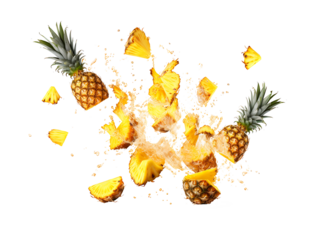 Falling Pineapple slices isolated on Transparent background, full depth of field, lipping path,pineapple in full depth of field, Falling candied fruit, Cut pineapple on transparent background, ring,Ai