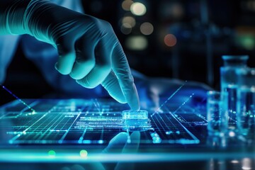 Scientist wearing a lab coat and gloves is analyzing a sample on an interactive touchscreen in a laboratory