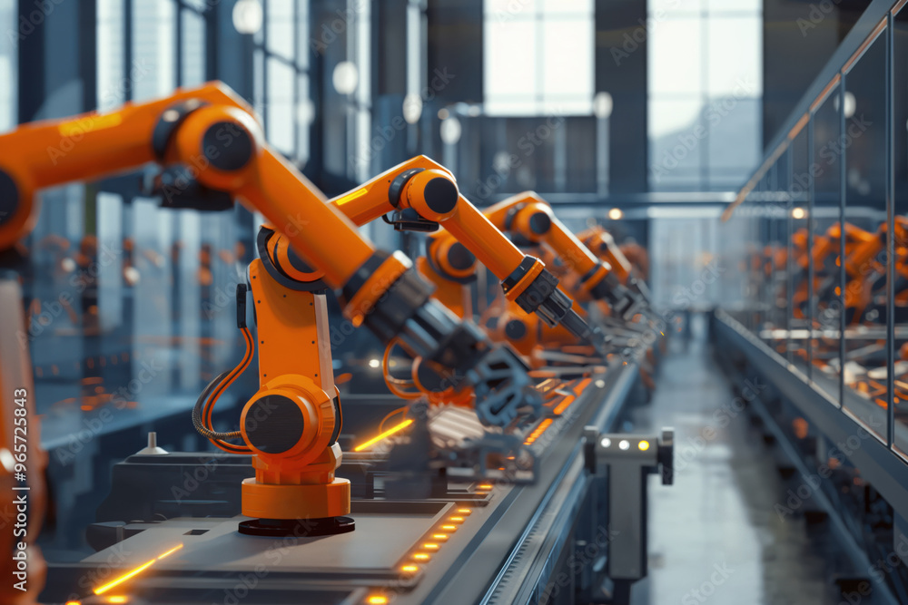 Aufkleber orange robotic arms working on an automated production line in a modern factory