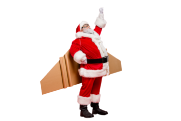 Ready set go! Full length photo of of grey-hair funky hipster super santa in goggles start his countdown fairy flight up fly wear cap hat pants belt isolated over red color background