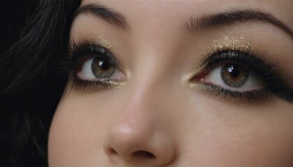 Obraz premium Close-up of a woman's eye with gold glitter eyeshadow and black eyeliner.