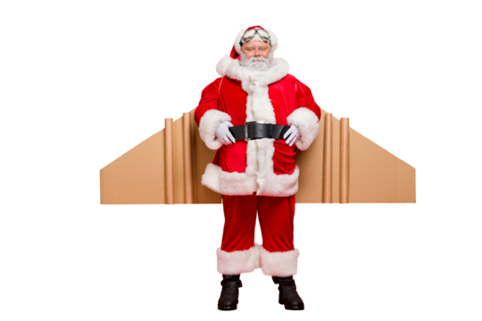 Ready for flight! Full length photo of cool charming santa claus with airplane cardboard imagine wings  wear  fairy costume belt isolated over red color background
