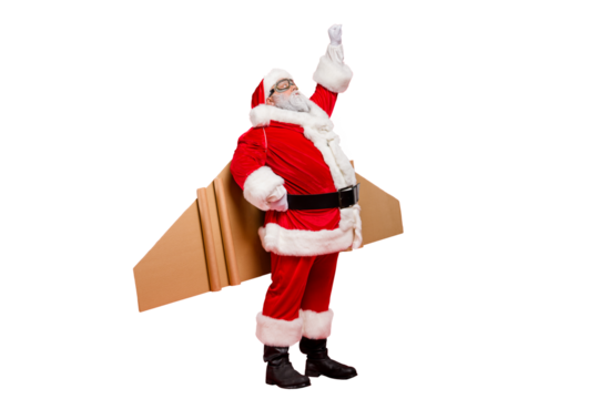 Ready set go! Full length photo of of grey-hair funky hipster super santa in goggles start his countdown fairy flight up fly wear cap hat pants belt isolated over red color background