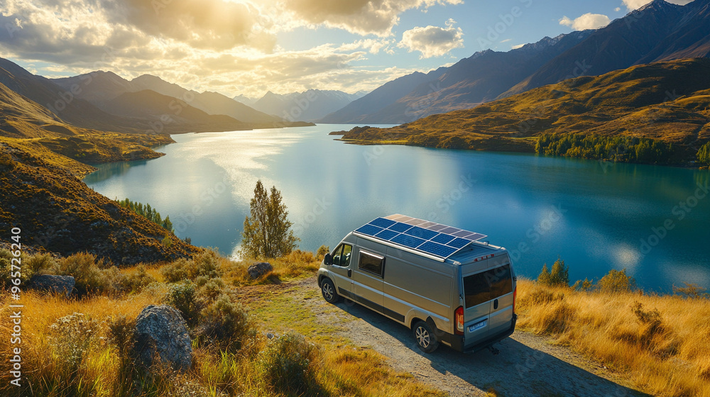 Wall mural campervan with solar panels on roof parked next to idyllic mountain scenery, renewable energy 