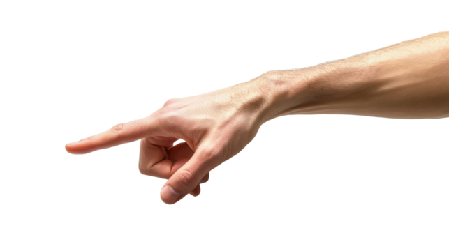 Hand pointing gesture against a plain white background