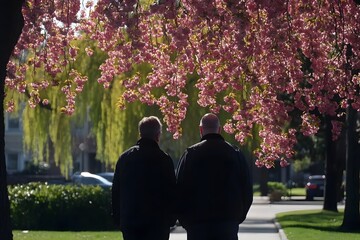 Elderly couple walking under cherry blossoms on a sunny day