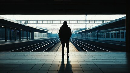 Silhouette_of_a_person_standing_on_a trainstation by sunset