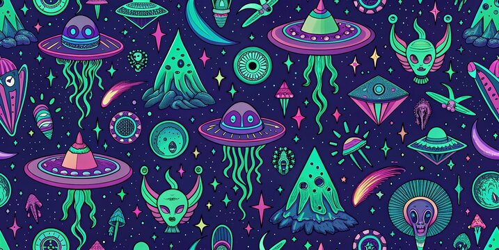 Whimsical alien and ufo seamless pattern for decorative design