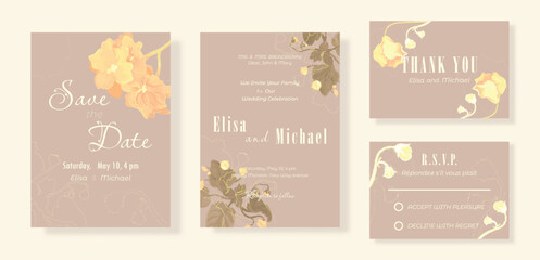 Floral template in a set of four sheets for the wedding celebration party. Delicate hand-drawn African violets and their contour on plain backgrounds. Elegant cards for any celebration party.