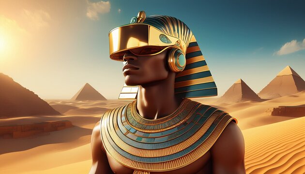 A pharaoh, golden headdress, virtual reality experience of ancient Egypt, sand dunes in the background, sunny weather
