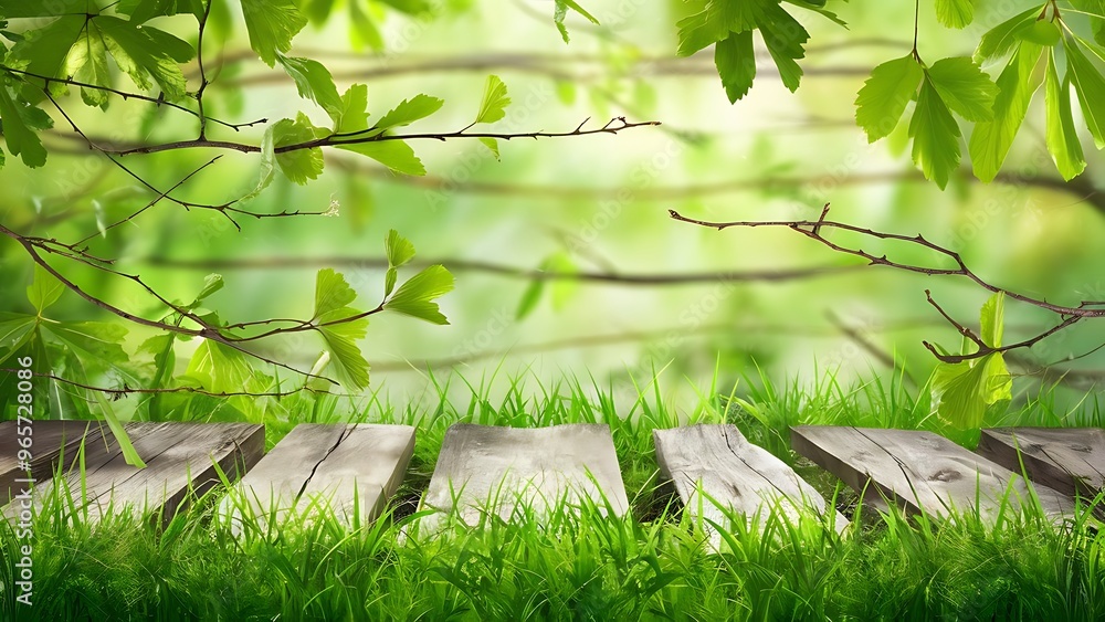 Wall mural green leaves on twigs, sward and wooden planks with green blurry background