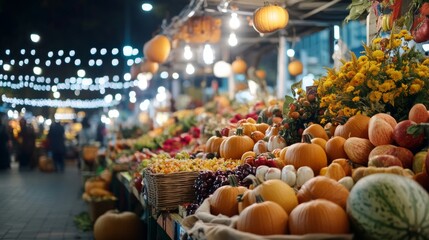 A bustling Halloween market at night stalls overflowing with pumpkins