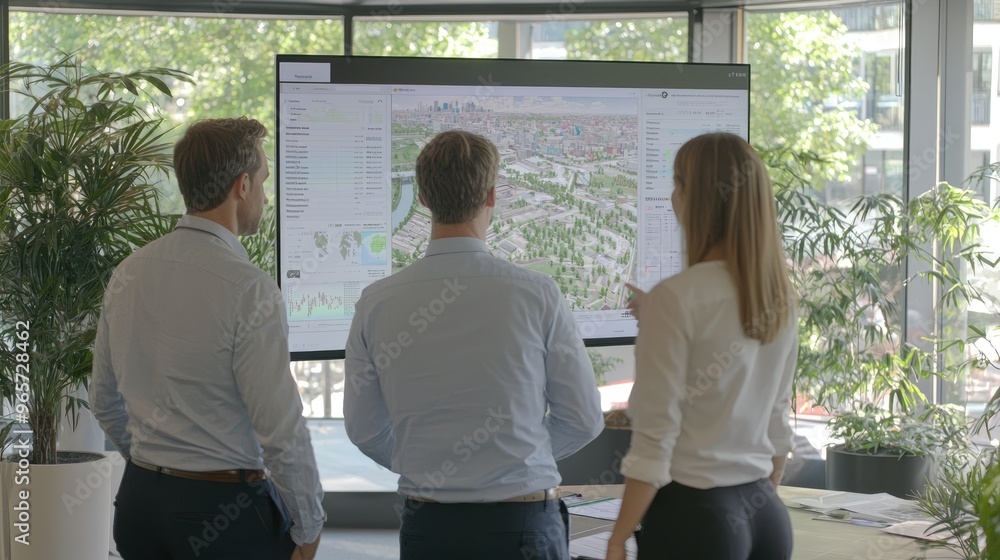 Poster managers discussing logistics using digital world map display in warehouse
