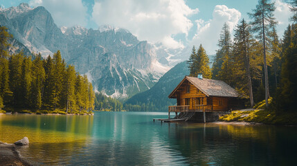 Fototapeta premium wooden cabin on lake with mountain scenery 